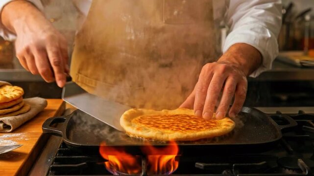 Chef expertly flipping a perfectly cooked cr&ecirc;pe on a hot griddle in a professional kitchen.
