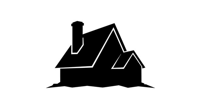 A minimalist black silhouette depicts a simple house shape with a chimney and peaked roof