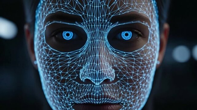 A digital face with glowing lines in a futuristic atmosphere.