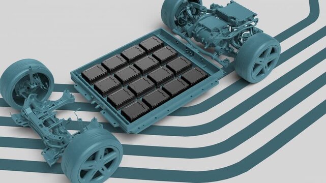 Blue electric vehicle chassis and modular battery pack 3D.