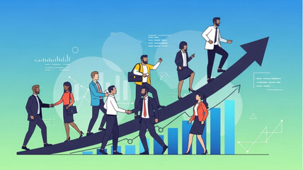 Diverse group of business professionals climbing upward on a growth arrow chart.