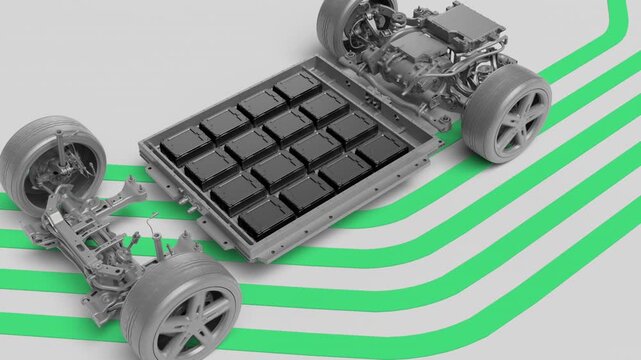 Gray electric car platform with glowing green energy lines.