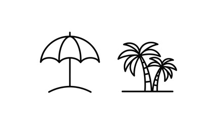 Beach icons umbrella and palm trees in a dark silhouette
