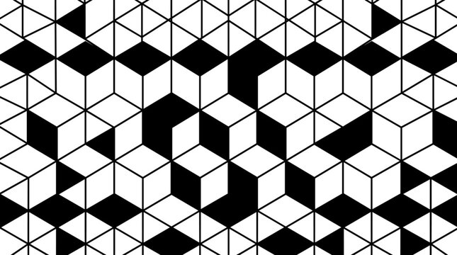 Geometric hexagonal tessellation pattern with alternating black and white rhombus sections forming three-dimensional cube optical illusion design