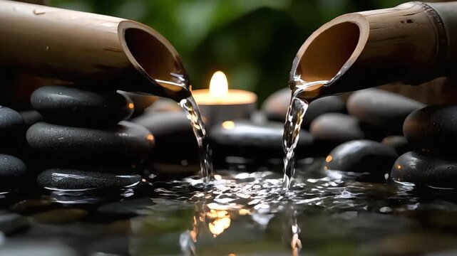 Serene scene of relaxing bamboo water movement flowing into a tranquil pond surrounded by black stones