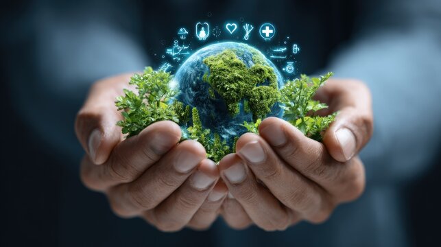 Hands holding a globe with trees and symbols representing environment