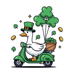 Cute White Duck Riding Green Scooter with Shamrock Balloons and Pot of Clovers for St. Patrick&rsquo;s Day