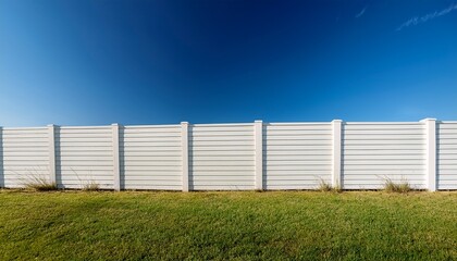 Obraz premium clean white vinyl panel fence stretches horizontally into the distance with a slight angle against a clear blue sky background