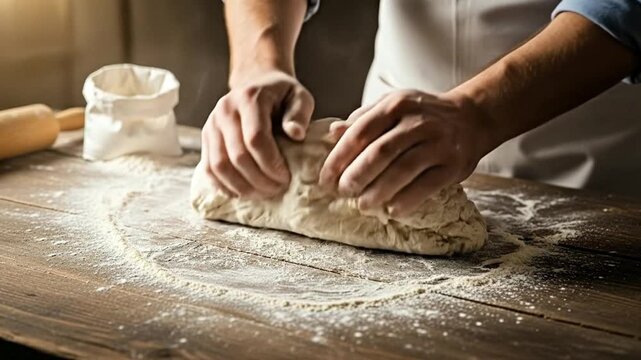 A chef kneads dough on a rustic wooden surface in a warm kitchen.