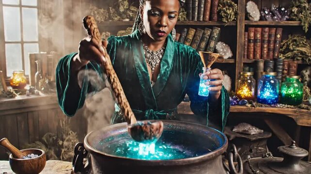 Magical woman mixing potion in mystic alchemist workshop