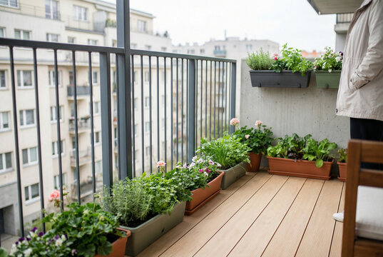 Urban balcony garden with containers of herbs, flowers and leafy vegetables against city apartment buildings, partial person standing