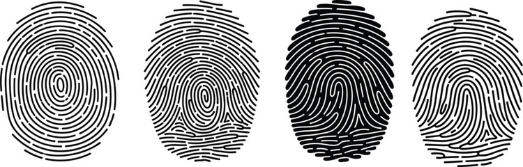 Fingerprint icons set in outline and solid styles, black biometric identification symbols isolated on white background for security, forensic, and authentication concepts