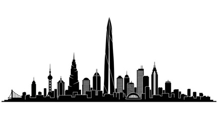 A striking black silhouette of a modern city skyline with a prominent central tower high quality © arfanah02