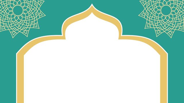 Horizontal seamless loop animation featuring a green background with rotating gold mandala ornaments. Includes a mosque arch silhouette as a designated copy space area for messaging