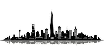 Obraz premium A striking black silhouette of a modern cityscape with a tall prominent skyscraper reflected in water