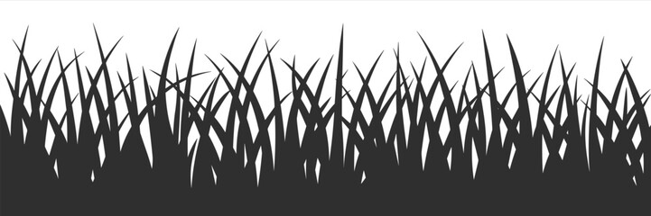 Dark black silhouette of upright grass blades forming a textured horizontal band on a white canvas © MstAnowara