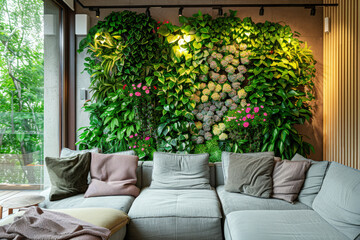 Fototapeta premium Modern Living Room with Lush Interior Vertical Garden Wall and Hanging Plant Installations