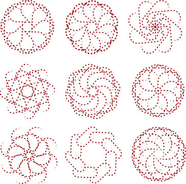 Set of nine distinct red geometric mandala patterns composed of connected dots illustrating complex mathematical designs
