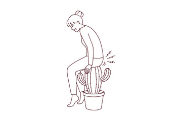 Black and white line art of woman sitting on cactus as hemorrhoid metaphor. Educational coloring page about medical discomfort and proctology health. © Sunflower