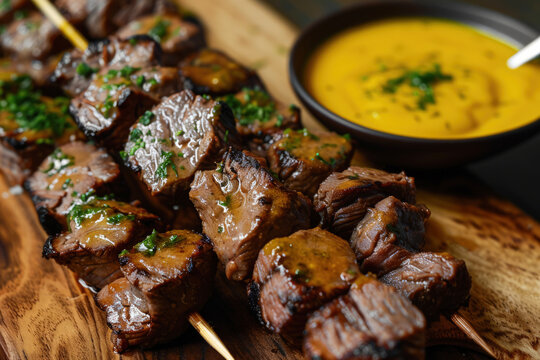 Anticucho Skewers of Marinated Peruvian Grilled Beef Heart on Wooden Board with Aji Amarillo Sauce