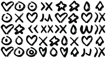 Seamless Doodle Pattern Set &ndash; Hand Drawn Hearts, Stars, Cross Marks Sketch Symbols Minimal Creative Background for Modern Design