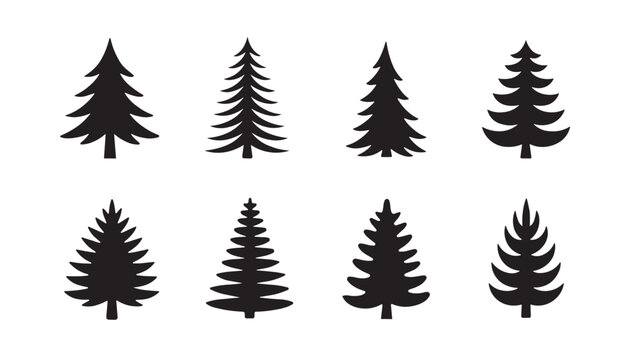 Pine tree silhouette minimal evergreen forest vector icon collection