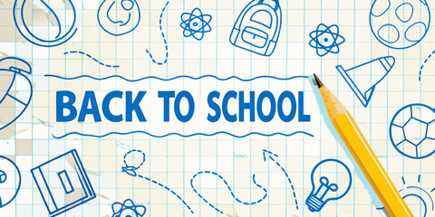 Back to school themed doodles and text on lined paper background