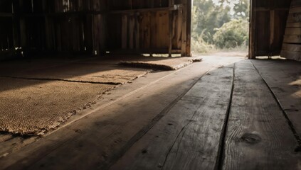 Obraz premium Inside rustic wooden building, light spills from open doorway