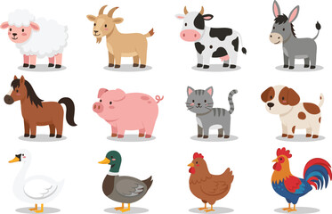 Fototapeta premium Cute Farm Animals Collection Including Cow Pig Horse Chicken Duck Vector Set