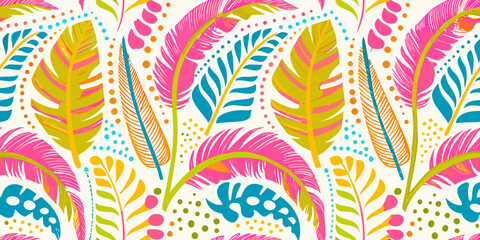 Colorful feather pattern with vibrant tropical and bohemian design elements © BelaRani