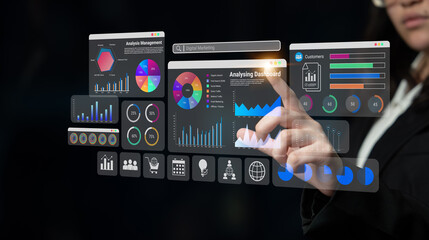 Multiple analytics dashboards with charts and graphs representing marketing data, SEO insights, and performance management Parse