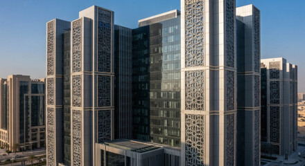 Obraz premium Modern high-rise building with patterned geometric facade and glass windows in urban setting