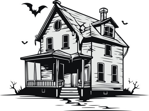 Minimalist horror line art, bold black outline, thick stroke, clean vector style, pure white background, haunted house with crooked roof and broken windows, slightly tilted structure