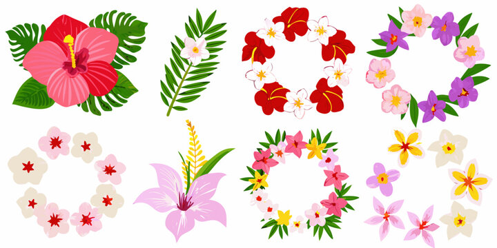 Colorful hibiscus flowers wreaths and tropical leaves arrangement on white