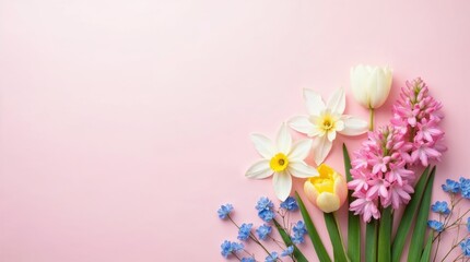A beautiful arrangement of spring flowers including daffodils, tulips, and hyacinths on a pink background