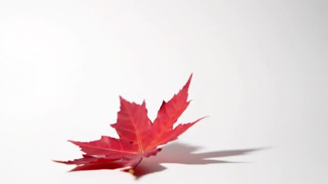A vibrant red maple leaf casting a subtle shadow on a white surface from a top-down viewpoint