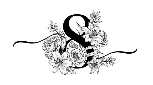 Elegant Ampersand Symbol Surrounded by Delicate Floral Illustrations.