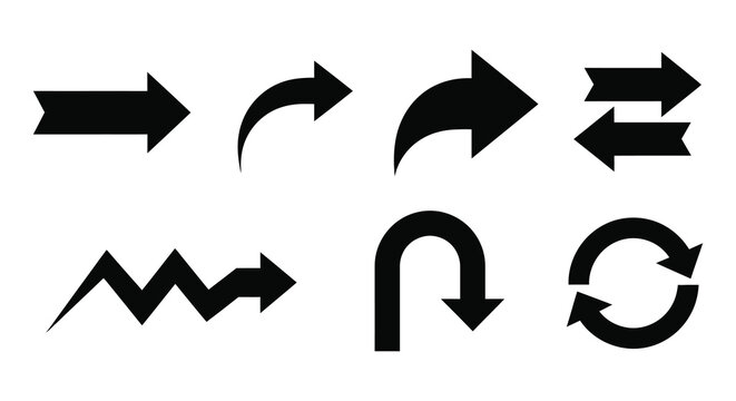 Variety of black arrow shapes and curved lines a graphic silhouette