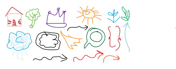 Obraz premium Colorful childlike drawing of various objects and letters