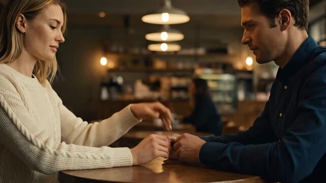 Sad caucasian couple having a difficult conversation in a cafe. The man reaches out to hold the woman's hand for comfort and support during a relationship crisis