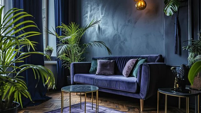 dark moody living room with deep blue velvet sofa, gold accents, hanging plants by large industrial window, textured charcoal plaster wall, concrete floor,