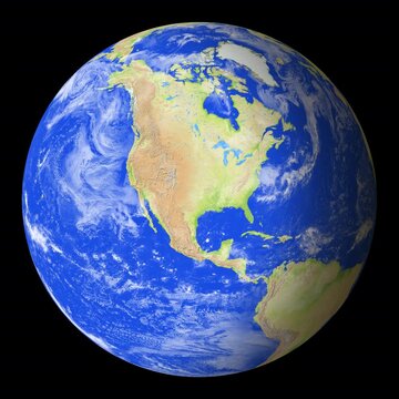 Flight from space to the United States and close approach to Texas. View of the Earth Globe without showing the administrative boundaries. Terrain derived from a digital elevation model.
