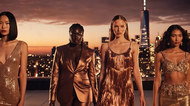 Four models standing together on a rooftop with a city skyline at dusk