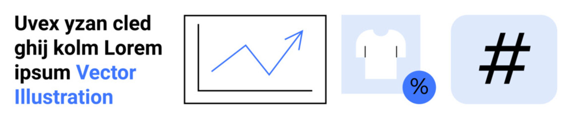 Obraz premium Line graph with upward trend, white T-shirt with discount badge, and bold metadata tag icon. Ideal for analytics, business growth, fashion retail, sales promotion, content strategy, social platforms