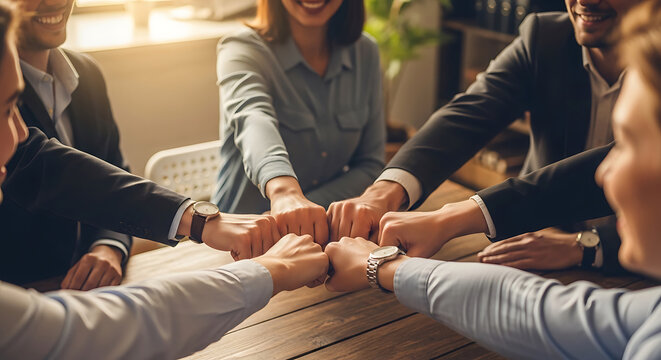 Business people stacking fists in a circle around a wooden table team group meeting