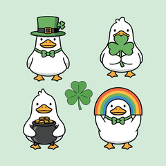 Cute White Duck Character Set for St. Patrick&rsquo;s Day with Leprechaun Hat Rainbow and Pot of Gold