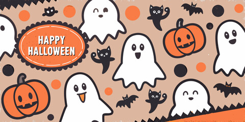 Festive halloween pattern with ghosts pumpkins bats and a greeting © KrishnaPada