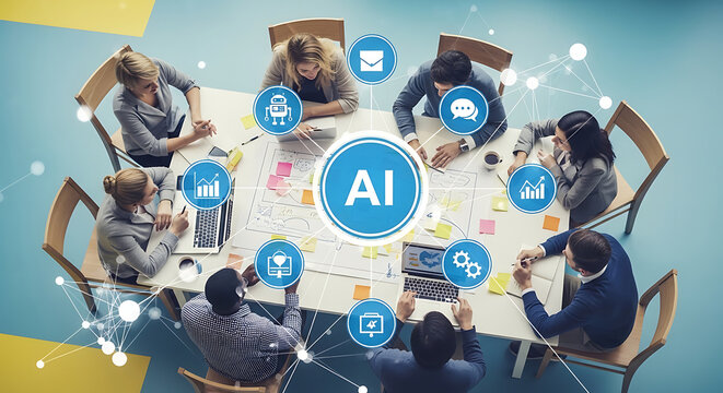 Team collaborating on AI project with digital icons and graphs