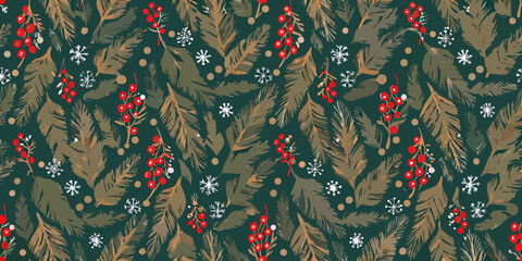 A festive repeating pattern of pine branches berries and snowflakes © KrishnaPada