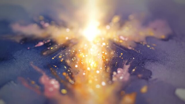Abstract sequence of a brilliant light explosion emerging from a dark watercolor texture. Golden particles and sparkling glitter radiate outwards in a magical display of energy and light